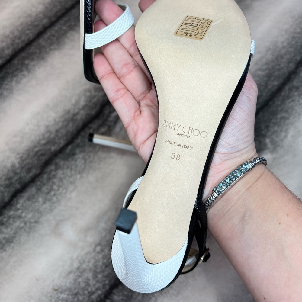 Jimmy Choo Minny 85 mm Lizard Mini Printed Leather Black White Mix Sandal Heels - Picture 9 of 12